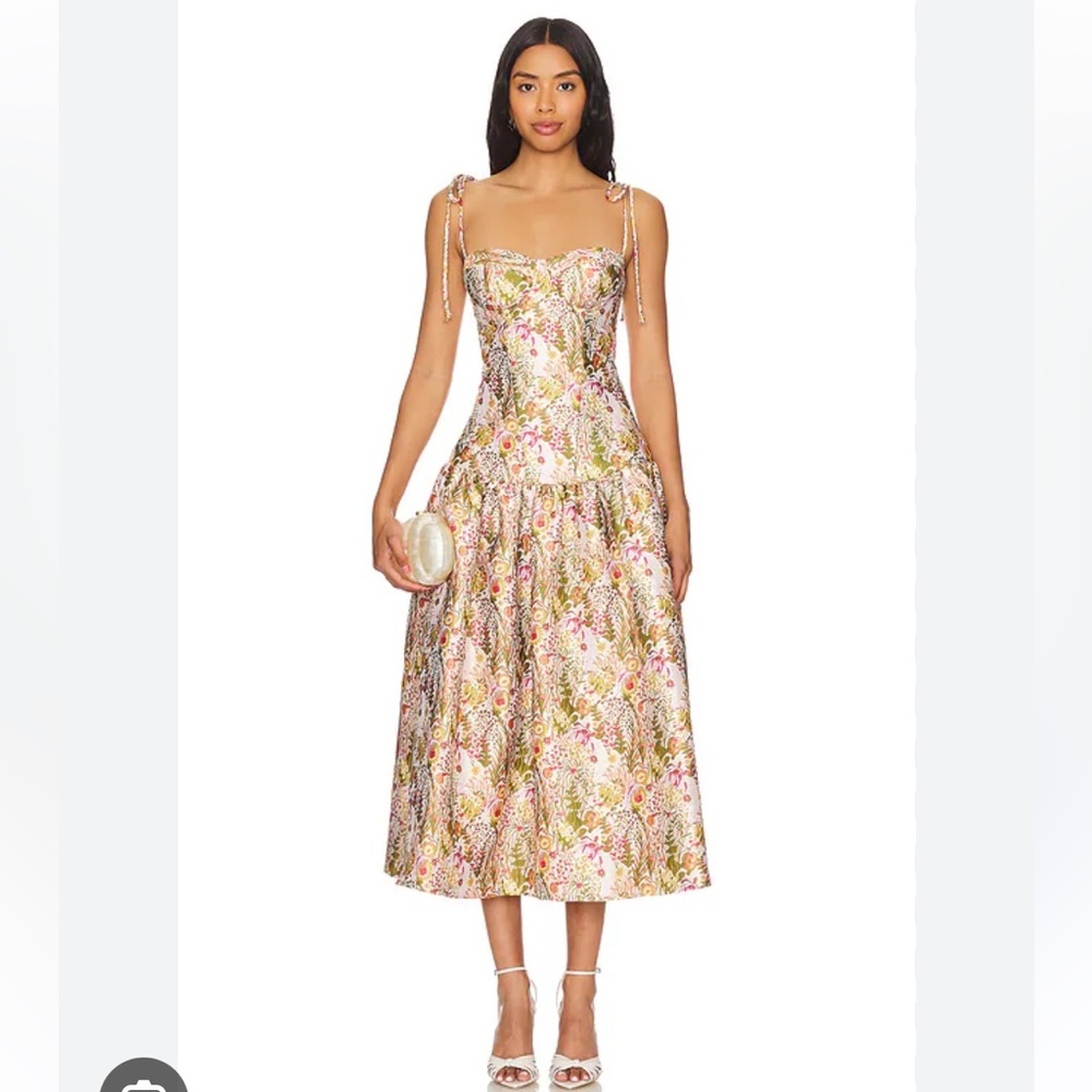 Katie May Metallic Floral Midi Dress in Gold and Pink